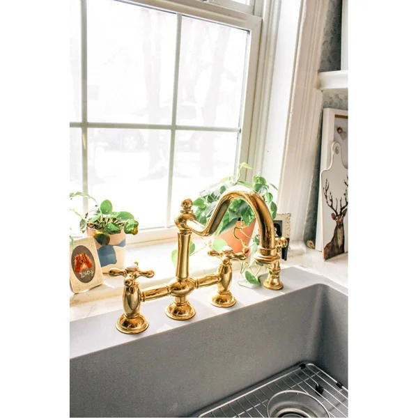 Kingston Brass KS3791AXBS Restoration Bridge Kitchen Faucet with Brass Sprayer, Polished Chrome