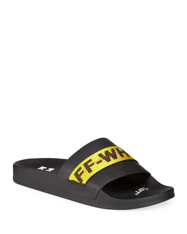 Off-White Men's Industrial Leather Slide Sandals, Black, Yellow, Men's, 9D, Sandals & Slides Slides