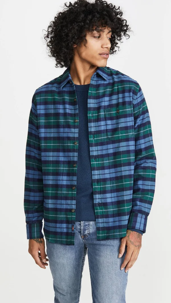 Faherty Men's Stretch Seaview Flannel - Blue Green Box Plaid XL