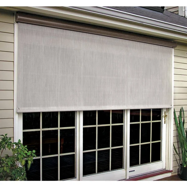Bali Essentials Desert Sand Corded Light Filtering Motorized Vinyl Exterior Solar Shade Left Motor Bronze Cassette 108 in. W x 8
