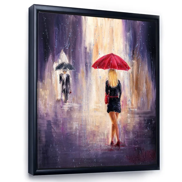 Designart 'The Woman with The Umbrella Walking in The Rain II' French Country Framed Canvas Wall Art Print - 30 in. Wide x 40 in