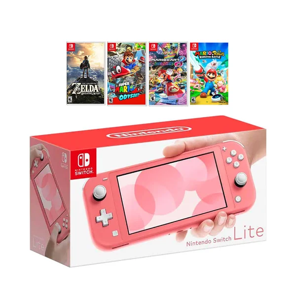 New Nintendo Switch Lite Coral Console Bundle with 4 Games: The Legend of Zelda: Breath of The Wild - Super Mario Odyssey, Super