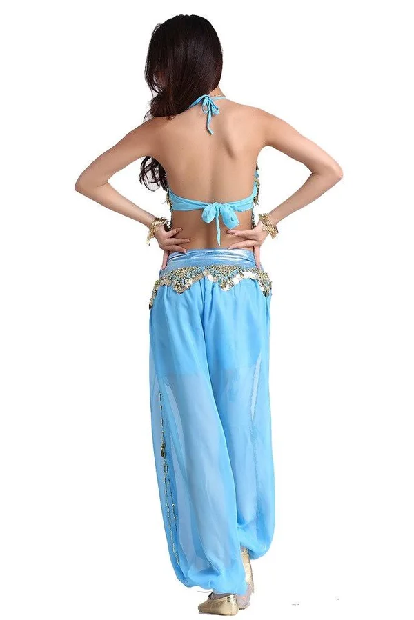 Zltdream Lady's Belly Dance Chiffon Banadge Top and Lantern Coins Pants Light Blue - One Size, Women's