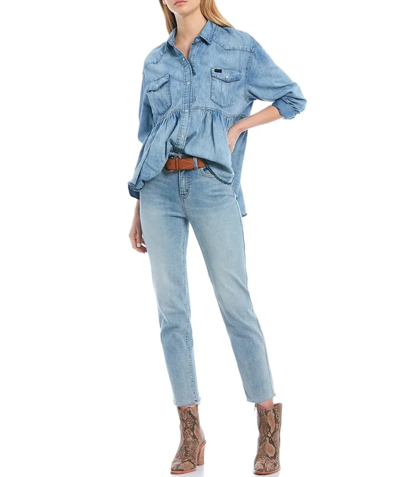 Free People Dylan Babydoll Snap Front Chambray Frayed Hem Blouse - Womens, L, Chambray