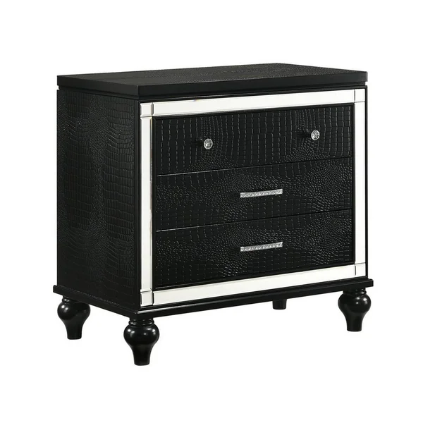 3 Drawer Wooden Nightstand with Mirror Accents and Faux Crystal Pulls, Black