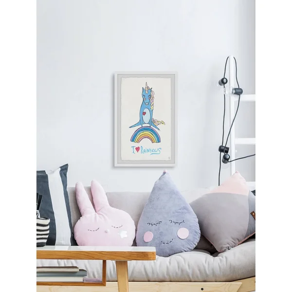 Marmont Hill Playful Rainbow Unicorn Framed Wall Art - Size: 12 inch x 8 inch
