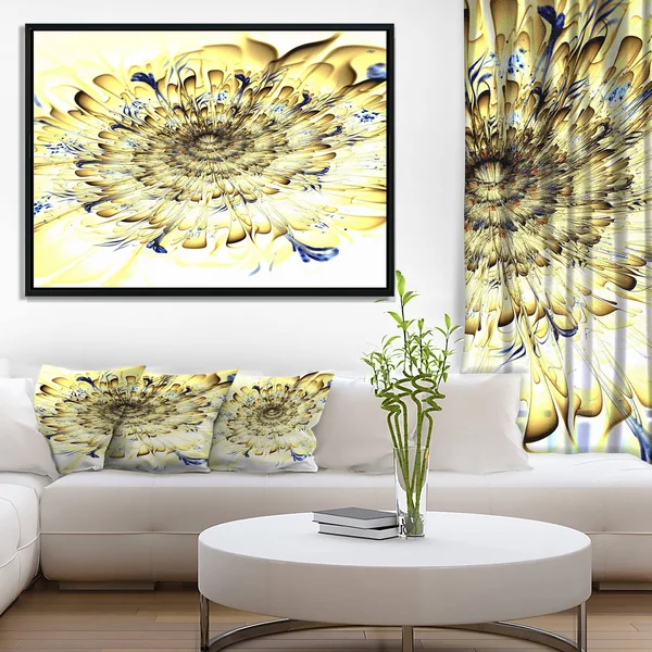 Designart 'Light Yellow Digital Art Fractal Flower' Floral Framed Canvas Art Print - 20 in. Wide x 12 in. High