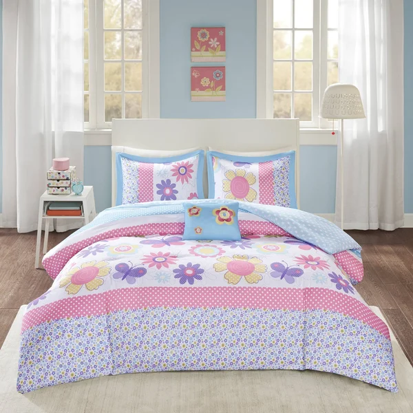 Comfort Spaces Happy Daisy 4 Piece Full/Queen Kid Comforter Set - Blue
