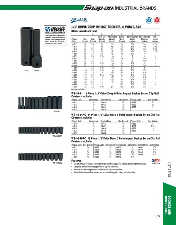 Williams WS-14-11 1/2 Drive Deep Impact Socket Set 6 Point - 11 Piece