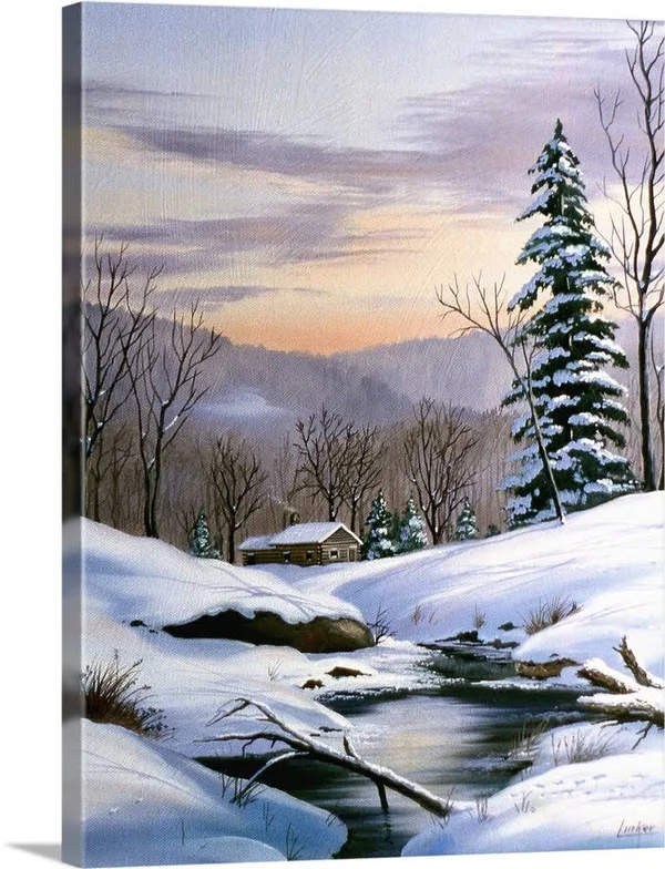 Log Cabin on Winter Stream in Early Evening, Large Solid-Faced Canvas Wall Art Print, Great Big Canvas