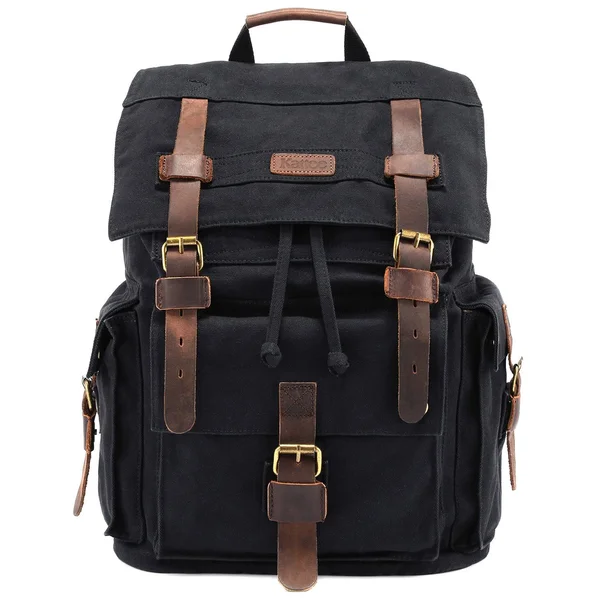 Kattee Men's Canvas Leather Hiking Travel Backpack, Black