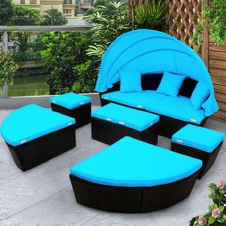 Outdoor Conversation Sets, Round Patio Daybed Sunbed with Retractable Canopy and Blue CUSHION, Rattan Wicker Patio Furniture Day