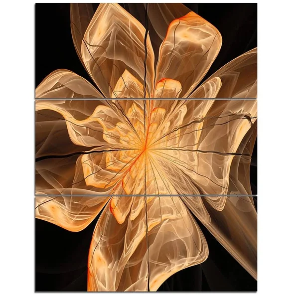 Design Art Light Orange Symmetrical Fractal Flower - 3 Piece Graphic Art on Wrapped Canvas Set, Black