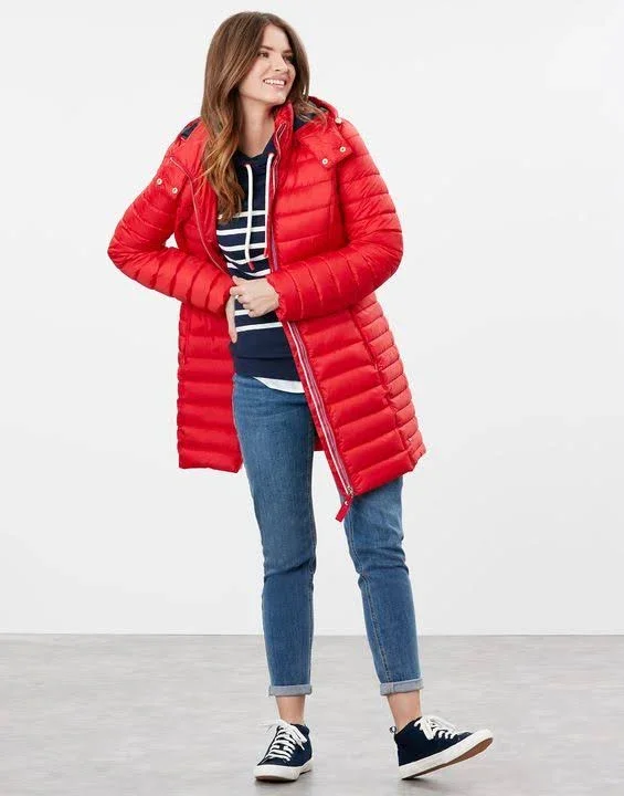 Joules Ladies Canterbury Long Luxe Padded Jacket in Red