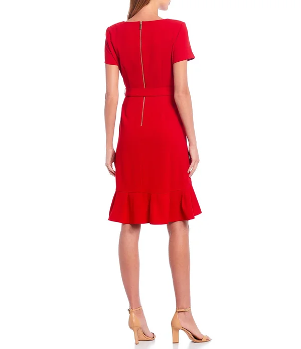 Calvin Klein Women's Ruffle Hem Belted Dress, Cream, 14