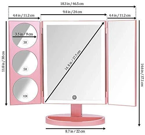Mirrorvana Xlarge Vanity Mirror with Lights - Extravagant Trifold LED Lighted Makeup Mirror with 3X 5X 10x Magnification & B