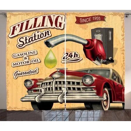 Cars Curtains 2 Panels Set, Filling Station Gasoline and Oil Drawing with A Realistic Car Design Art Print, Window Drapes for Li