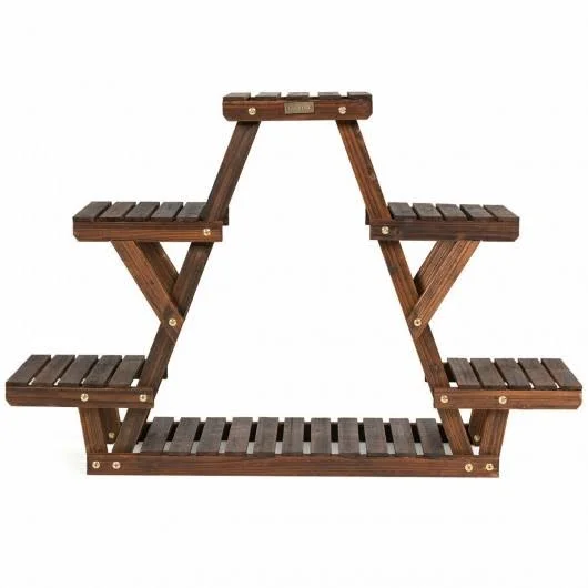 Costway Wood Plant Stand Triangular Shelf 6 Pots Flower Shelf