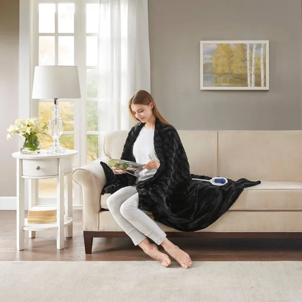 Beautyrest Heated Duke Faux Fur Throw - Black - 50x70x22