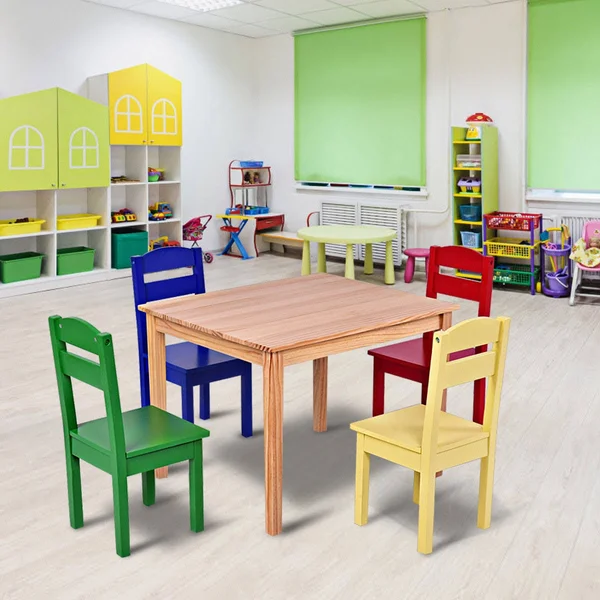 5 Pcs Kids Pine Wood Multicolor Table Chair Set