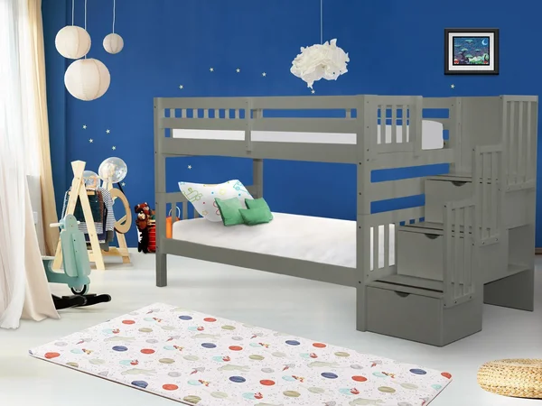 Bedz King Bunk Bed with Storage, Gray, Twin Over Twin