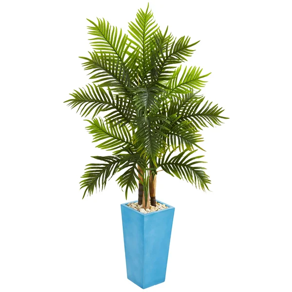 Nearly Natural 5.5& Areca Palm Artificial Tree in Turquoise Planter (Real Touch)