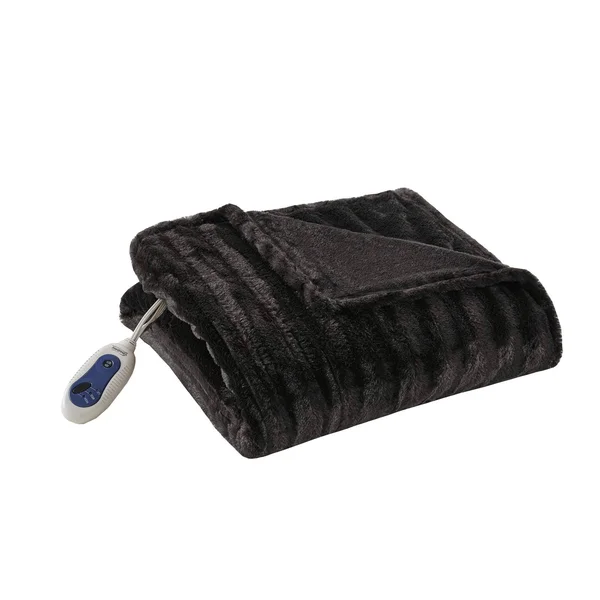Beautyrest Heated Duke Faux Fur Throw - Black - 50x70x22