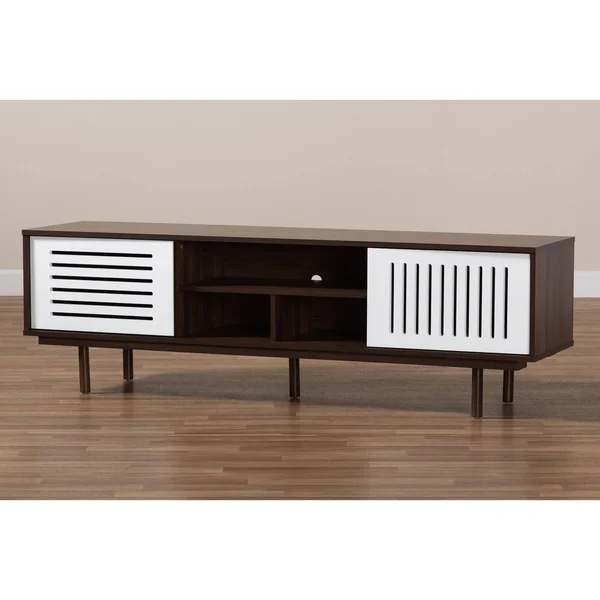 Baxton Studio Meike Mid-Century Modern Two-Tone Walnut Brown and White Finished Wood TV Stand