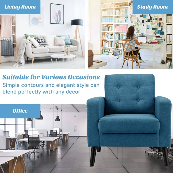 Costway Modern Tufted Accent Chair Fabric Armchair Single Sofa w/ Rubber Wood Legs Blue