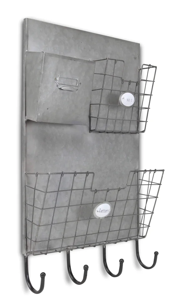 Gray Metal Organizer with 3 Storage Pockets and 4 Bottom Hooks 379872