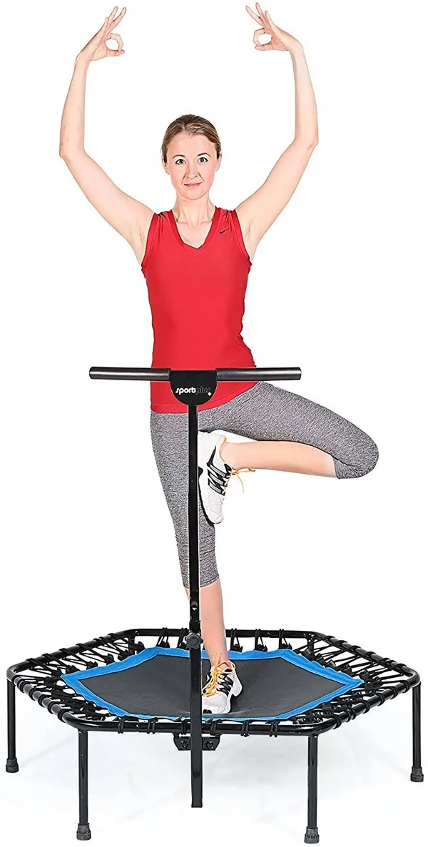 Sportplus Quiet Mini Indoor Rebounder Fitness Trampoline w/ Adjustable Bar, Blue