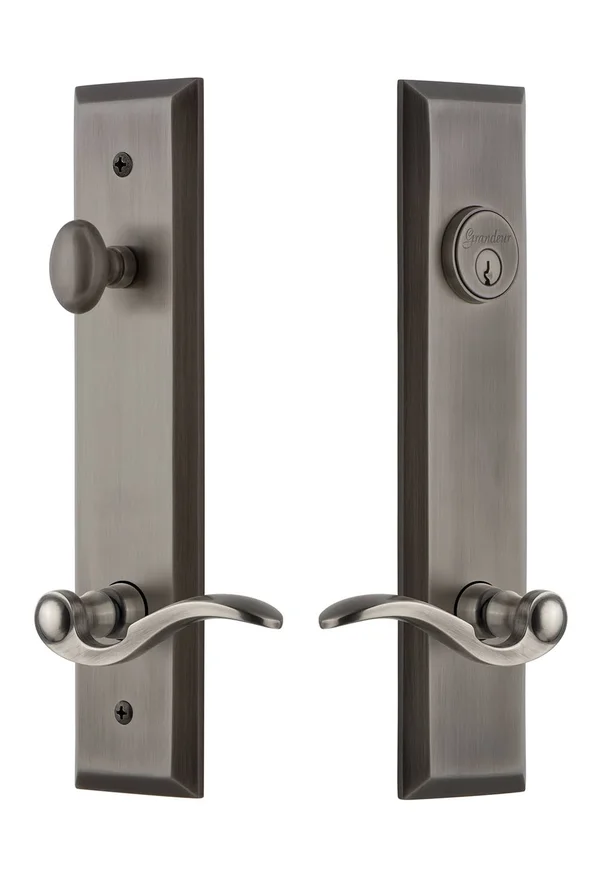 Grandeur Hardware Fifth Avenue Tall Plate Complete Entry Set Bellagio Lever in Antique Pewter