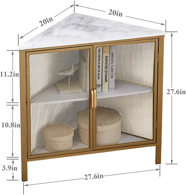 VECELO 3 Tiers Corner Shelf Metal Frame Shelves Storage Organizer with VENTILATION Protection DOOR - Glod, 19.7 x 19.7 x 29.6 inches