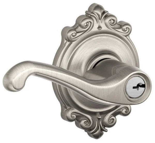 Schlage F51A Flair with Brookshire Rose Keyed Entry Lock Satin Nickel Finish