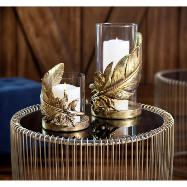 Large Metallic Gold Feather Candle Holder with Hurricane Glass