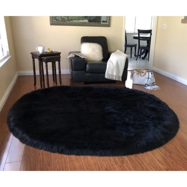 Silver Orchid Nansen Faux Sheepskin Oval Shape Shag Area Rug - 3& x 5& Oval - White w/Black Tips