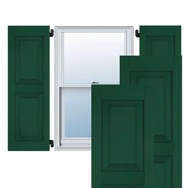 Ekena Millwork 15 in. x 28 in. Exterior Real Wood Sapele Mahogany Raised Panel Shutters Pair Chrome Green