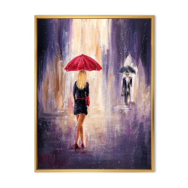 Designart 'The Woman with The Umbrella Walking in The Rain II' French Country Framed Canvas Wall Art Print - 30 in. Wide x 40 in