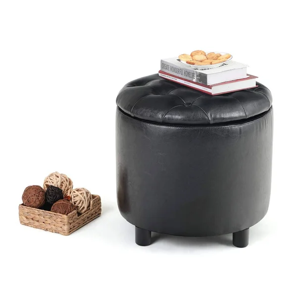 Phi Villa Storage Ottoman Tufted Round Footstool - Black