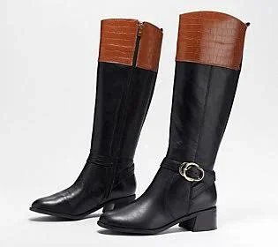 Marc Fisher Wide Calf Leather Tall Shaft Boots- Hailin - Size 8 Wide, Blk/Cog Leather