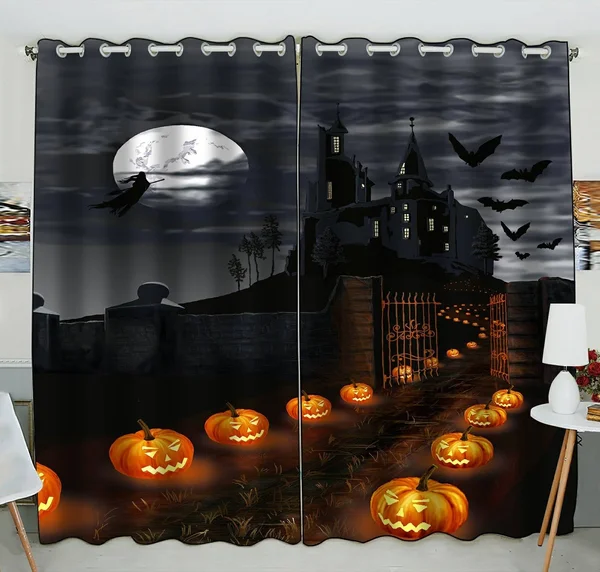 Phfzk Full Moon Window Curtain, Halloween Wizard Pumpkin Castle Window Curtain Blackout Curtain for Bedroom Living Room Kitchen