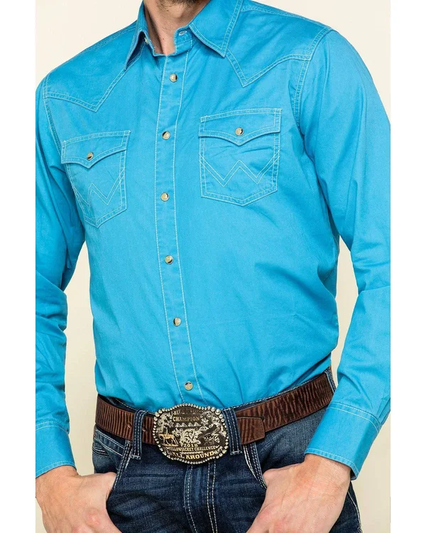 Wrangler Retro Men's Blue Solid Long Sleeve Western Shirt