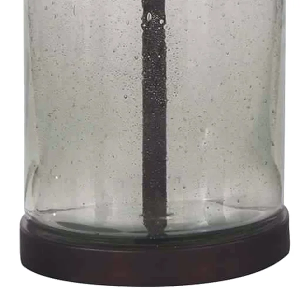 Benjara Cylindrical Seeded Glass Table Lamp with Fabric Drum Shade, Beige and Clear