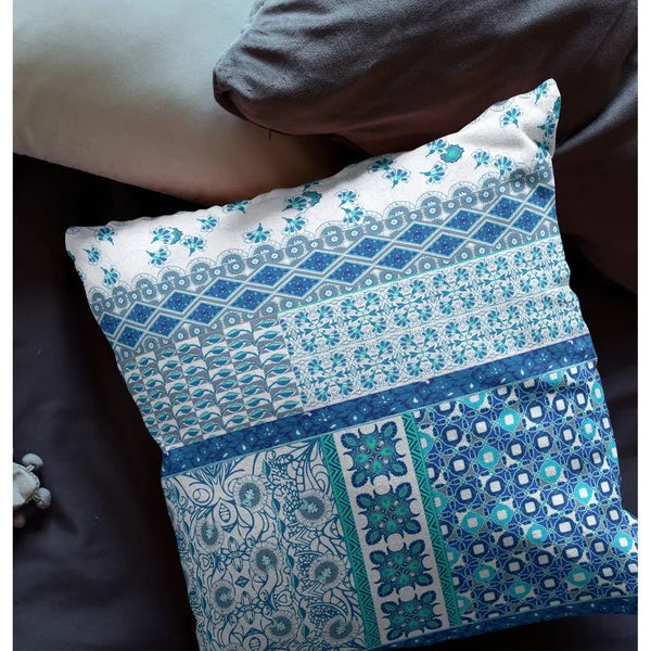 Flower Castle Patchwork Suede Closed Pillow w/ Insert in Blue & White 18x22x18x22