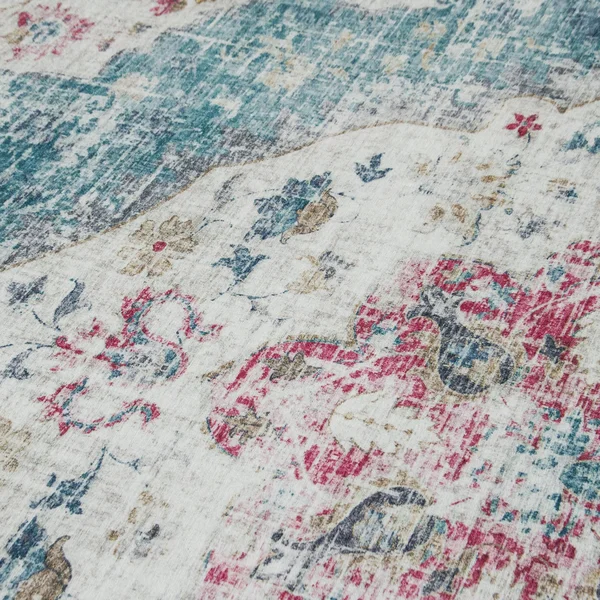 Machine Washable - Vintage Distressed Bohemian - Light Blue - 4& x 6& - 4& x 6& (Blue, Pink, Ivory)