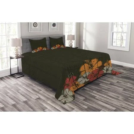 Ambesonne Floral Bedspread Set, Abstract Wooden Backdrop with Hawaiian Romantic Flowers Buds Blooms Leaves, Decorative Quilted C