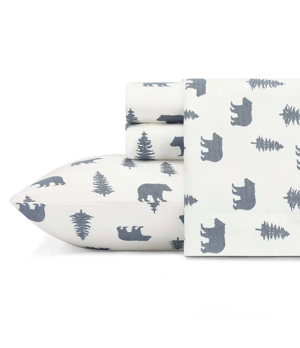 Eddie Bauer Bears & Trees Flannel Sheet Set Blue Queen