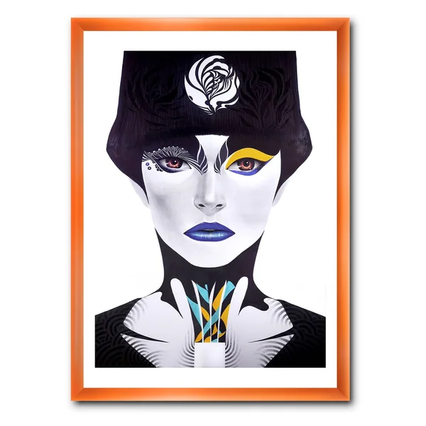 Designart &Urban Woman with Blue Lips& Modern & Contemporary Framed Art Print - 30 in. Wide x 40 in. High - Orange