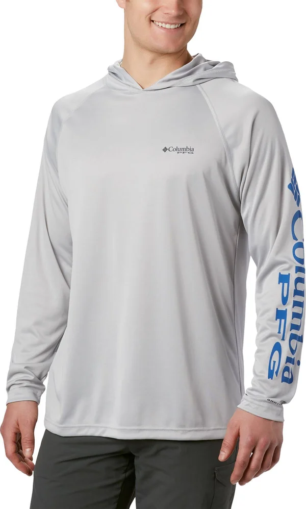 Columbia Men's PFG Terminal Tackle Hoodie - Cool Grey - Vivid Blue Logo
