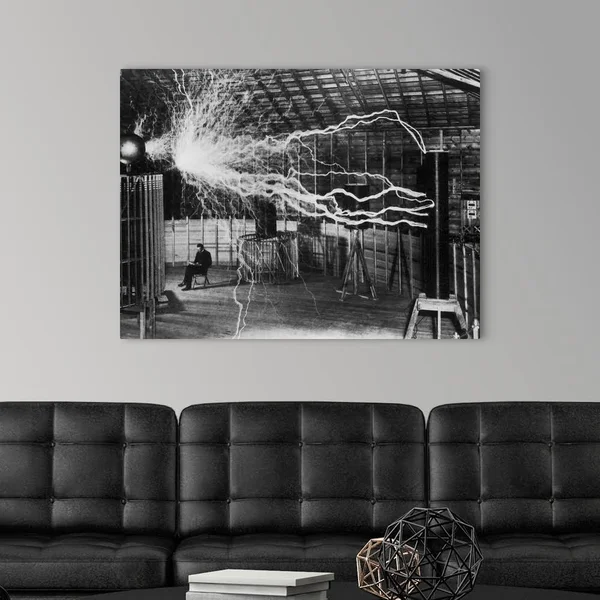 Bolts of Electricity Discharging in The Lab of Nikola Tesla, Canvas Wall Art, 40x30, Great Big Canvas